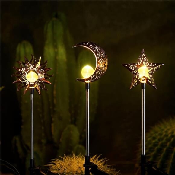 Solar Lights Outdoor Garden Decorations Sun Moon Star Stake Light - Picture 1 of 7
